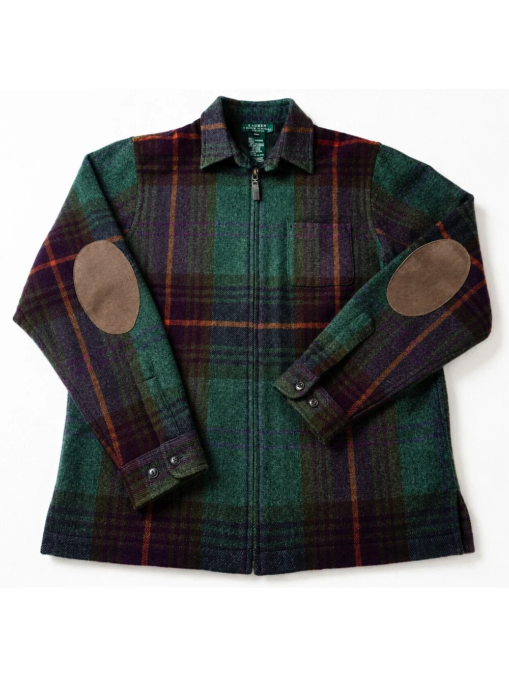 VTG Lauren Ralph Lauren Womens Lambswool Plaid Jacket Leather Elbow Patch Medium